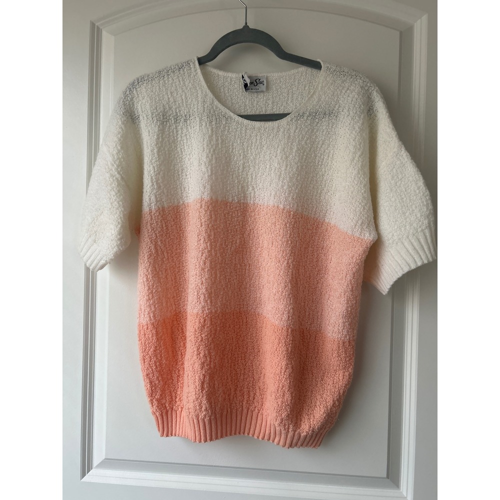 Vintage Helen Sue Color Block Knit Sweater Peach White Short Sleeve Made in USA